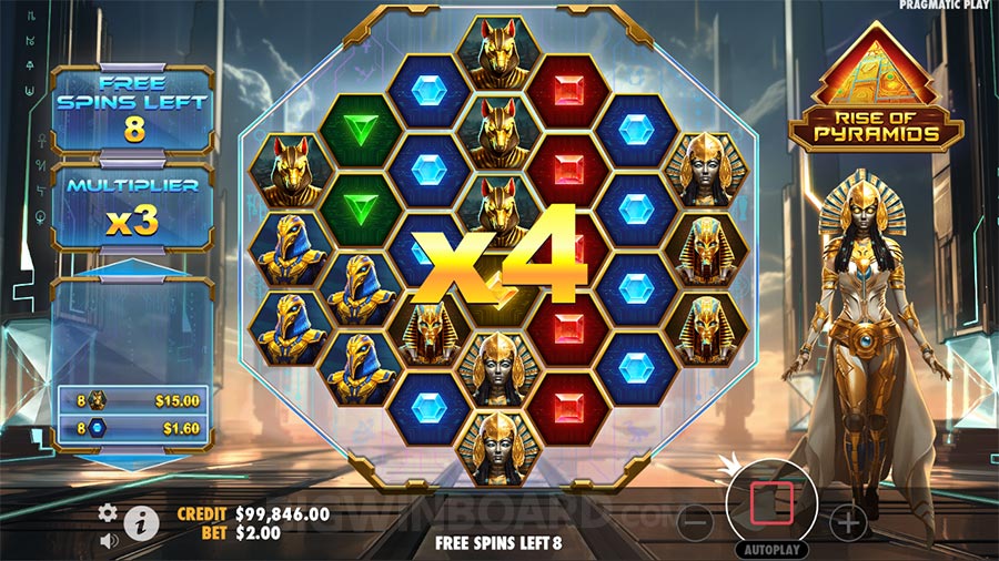 Tampilan dalam permainan slot Rise of Pyramids